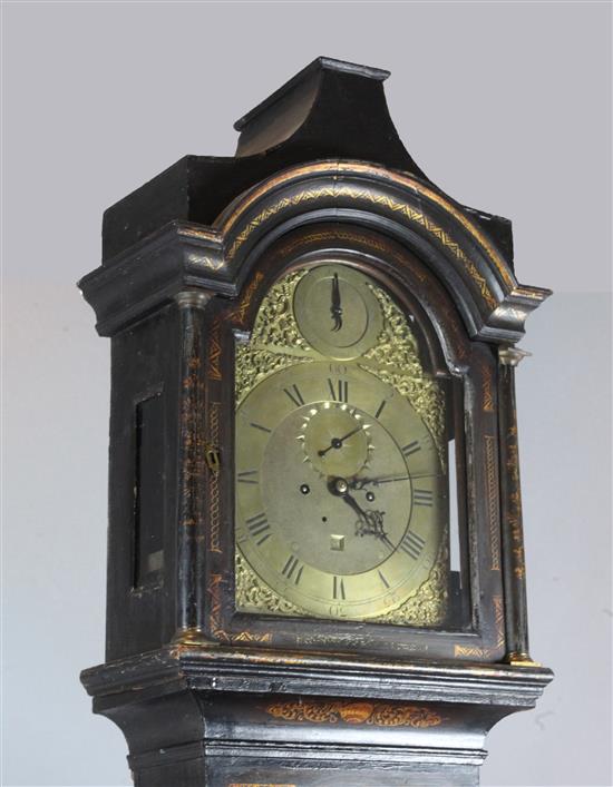 An early 18th century black lacquered eight day longcase clock, 7ft 7in.